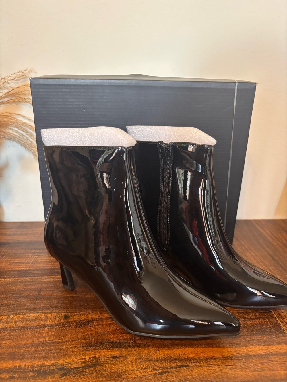 Anne Michelle Black Patent Pointed-Toe Ankle Booties